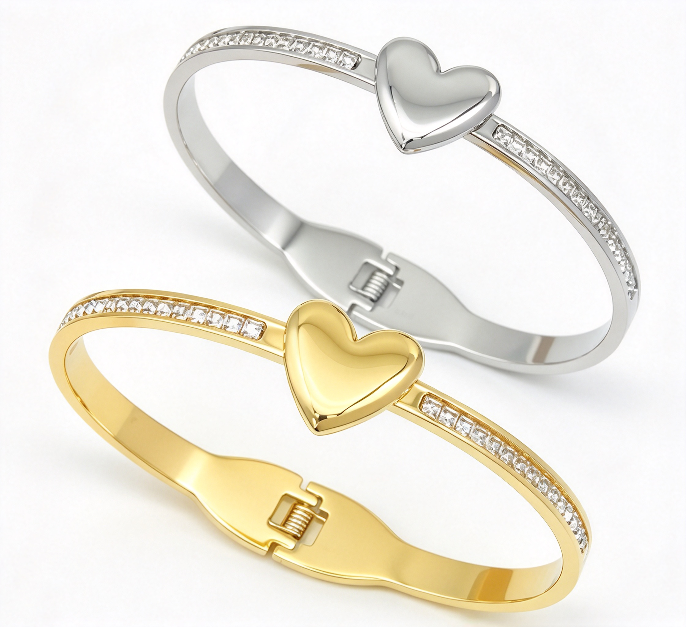 304 stainless steel heart zircon spring cuff bangle gold and steel silver wholesale bracelet