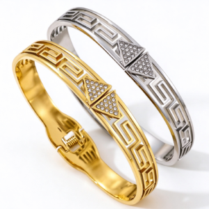 304 stainless steel Greek key triangle paved crystal spring cuff bangle gold wholesale bracelet