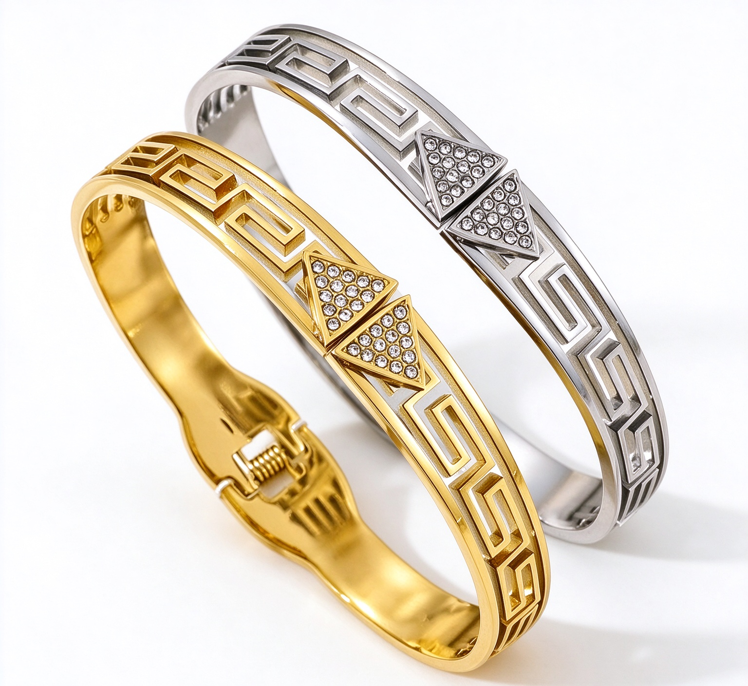 304 stainless steel Greek key triangle paved crystal spring cuff bangle gold wholesale bracelet