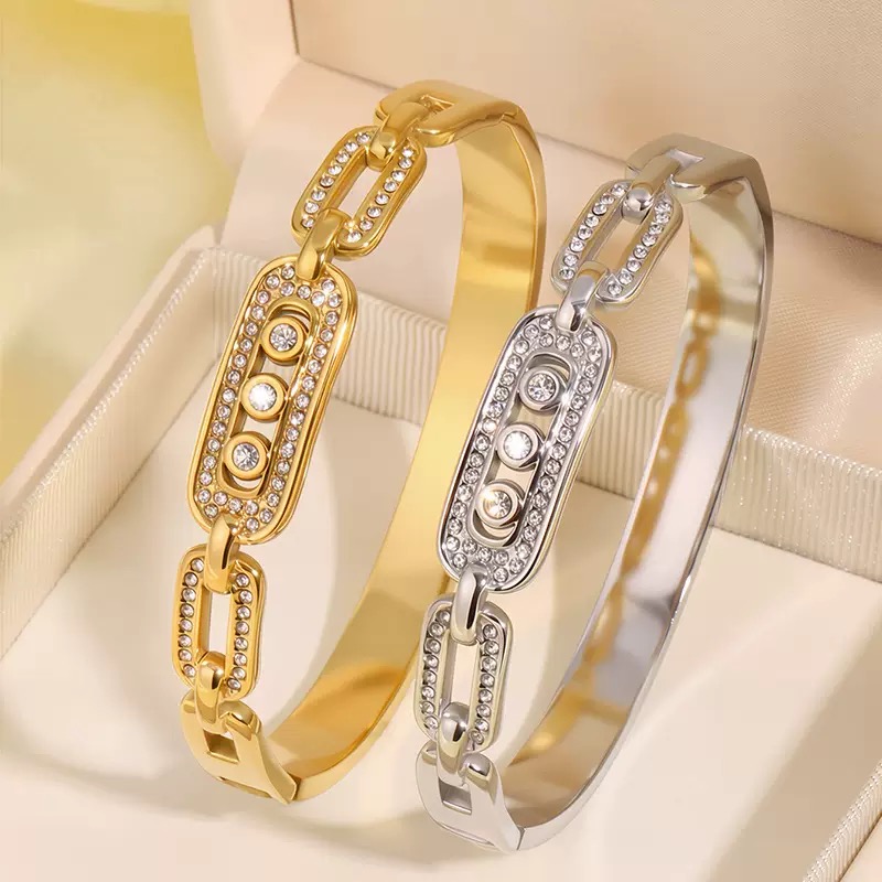 SZ-8151 304 stainless steel geometric zircon bangle gold tone wholesale women bracelet
