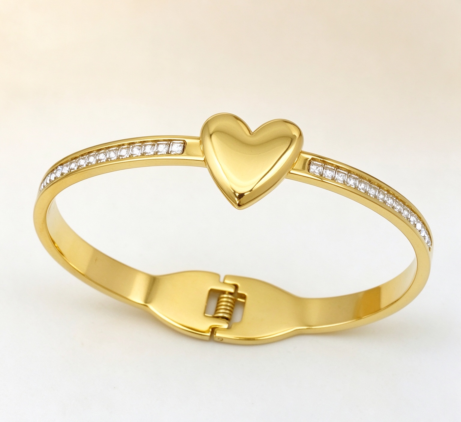 304 Stainless Steel Heart Zircon Spring Cuff Bangle - Image 2