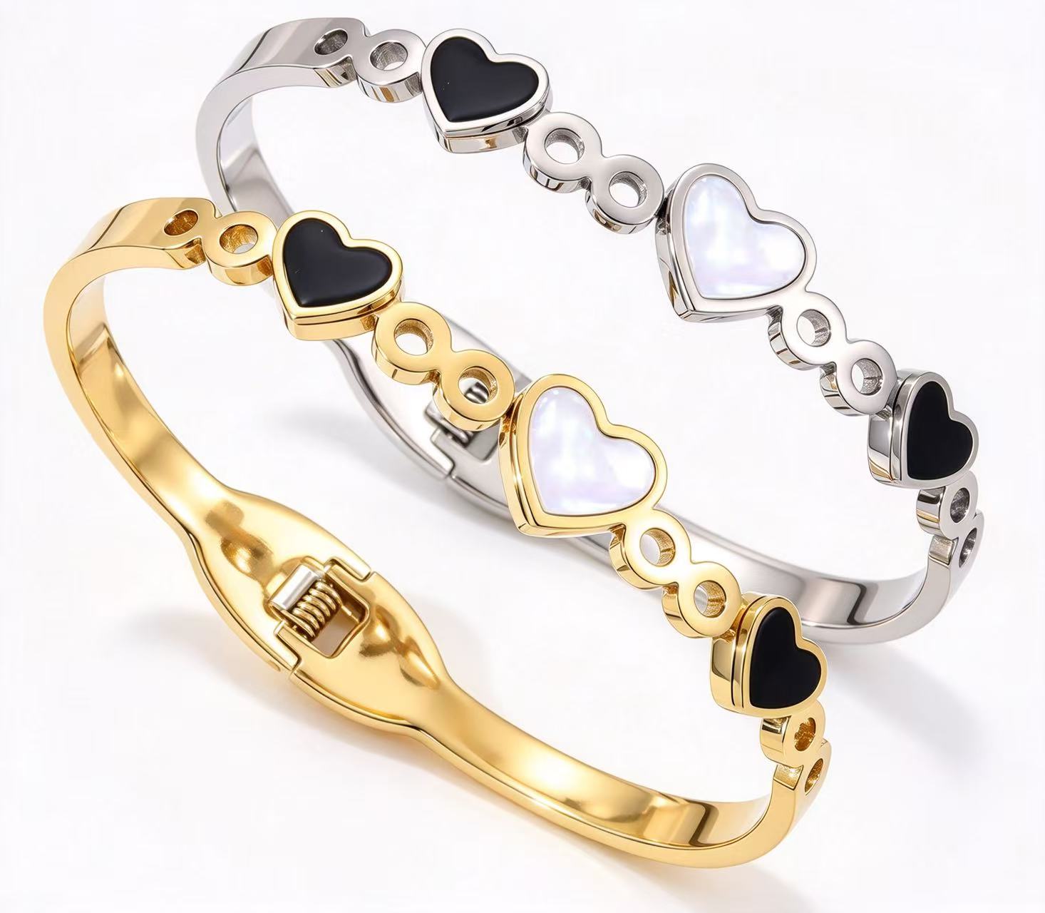 304 stainless steel black white shell heart infinity link spring cuff bangle gold wholesale bracelet