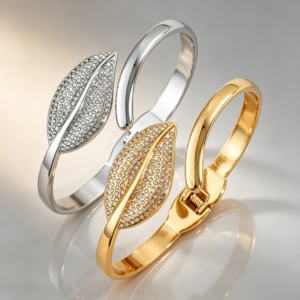 SZ-8491 stainless steel leaf full paved CZ spring bangle bracelet gold and steel tone