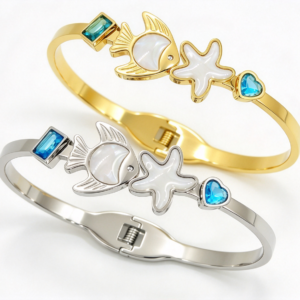 304 stainless steel ocean series fish star heart blue zircon spring cuff bangle gold wholesale bracelet