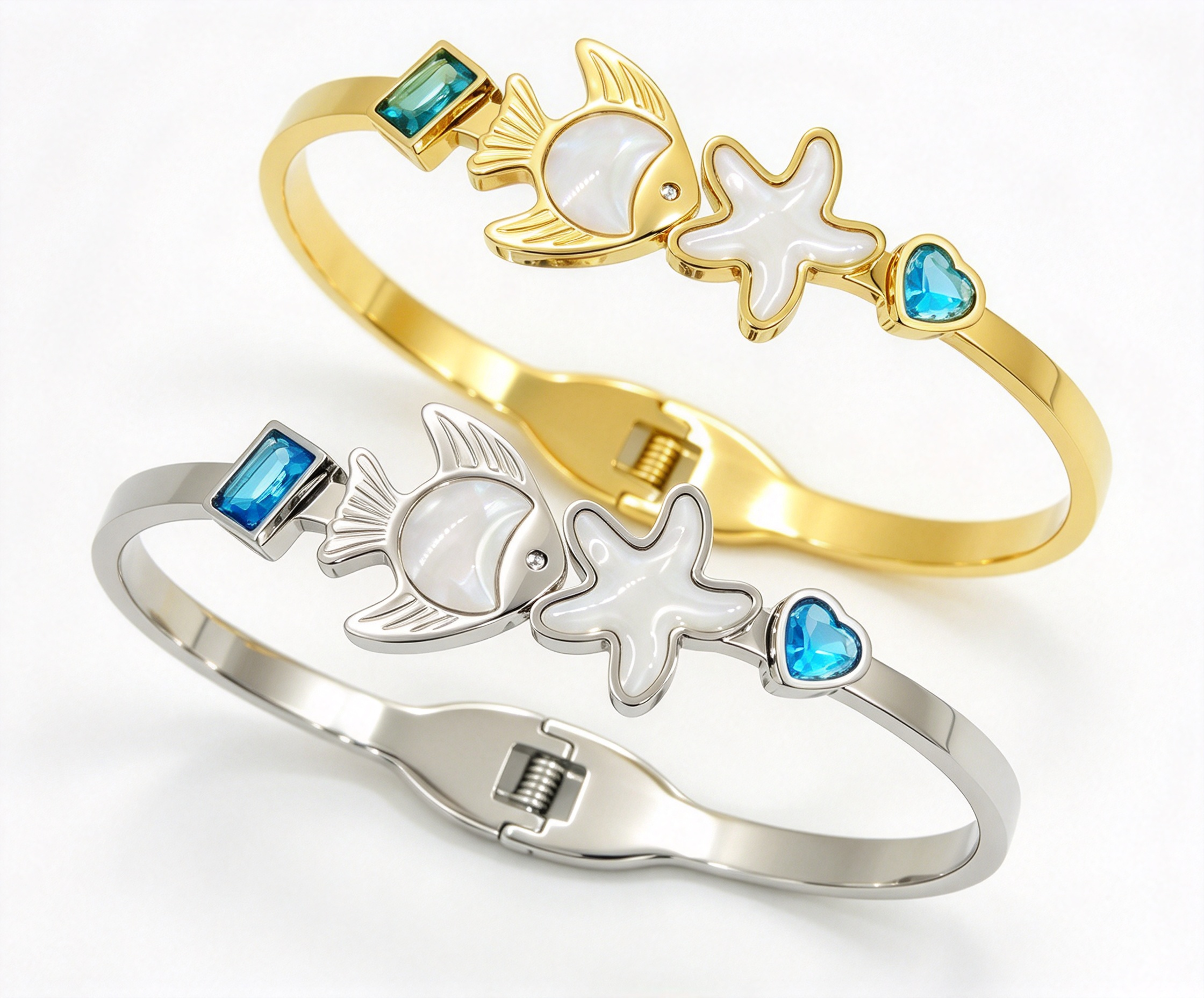304 stainless steel ocean series fish star heart blue zircon spring cuff bangle gold wholesale bracelet