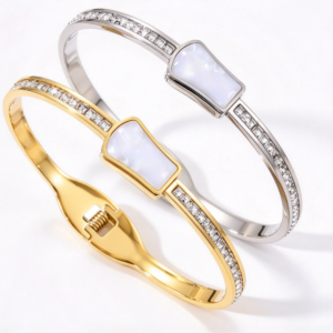 304 stainless steel fan-shaped shell inlay side paved crystal spring cuff bangle gold wholesale bracelet