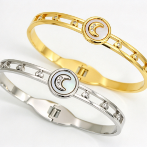 304 stainless steel moon shell hollow heart zircon spring cuff bangle gold steel wholesale bracelet