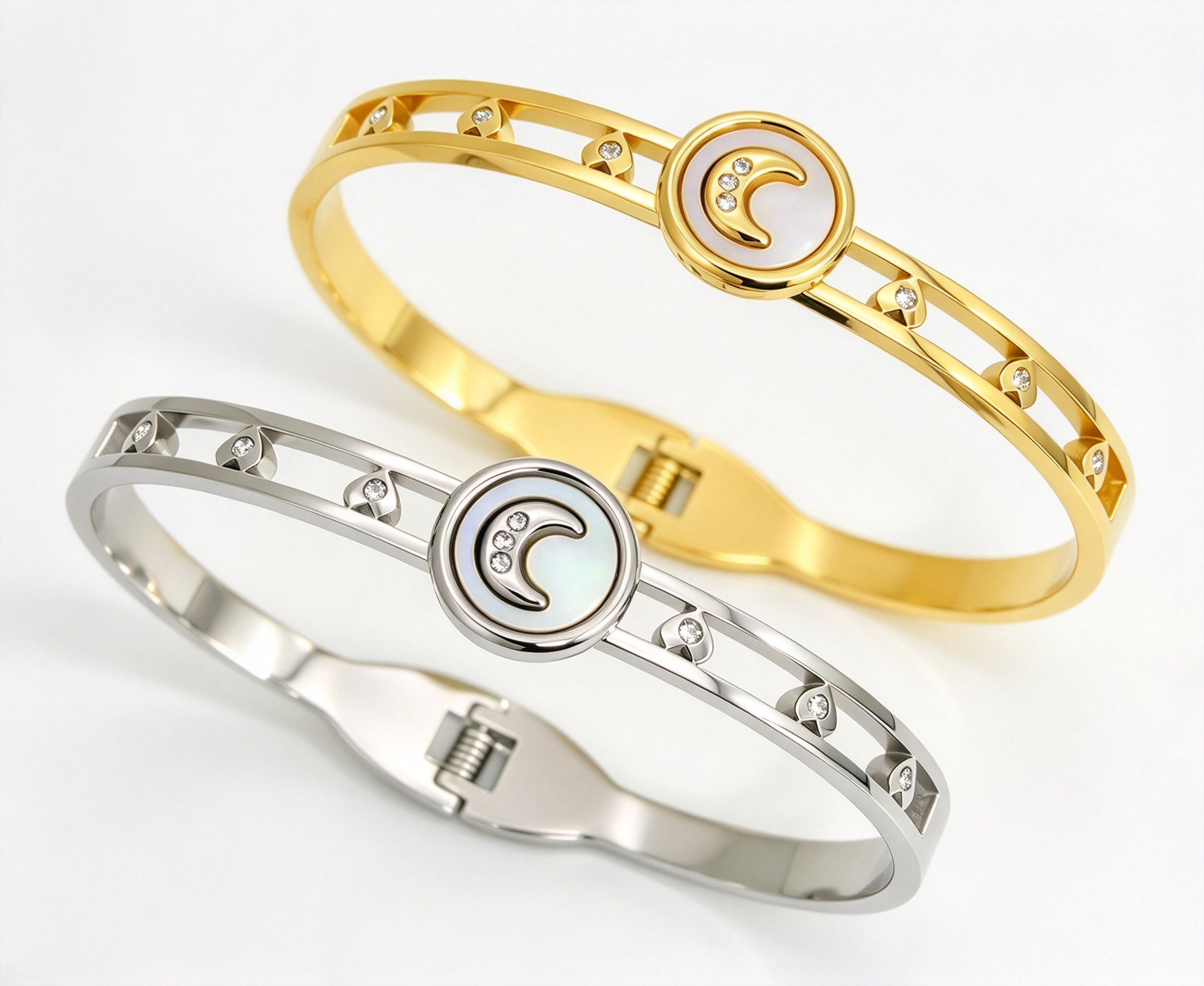 304 stainless steel moon shell hollow heart zircon spring cuff bangle gold steel wholesale bracelet