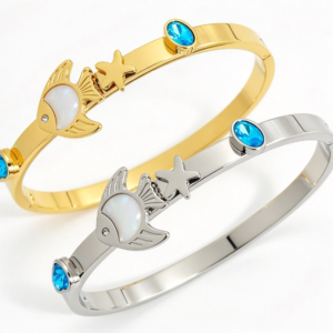 304 stainless steel ocean series fish star blue zircon spring cuff bangle gold wholesale bracelet