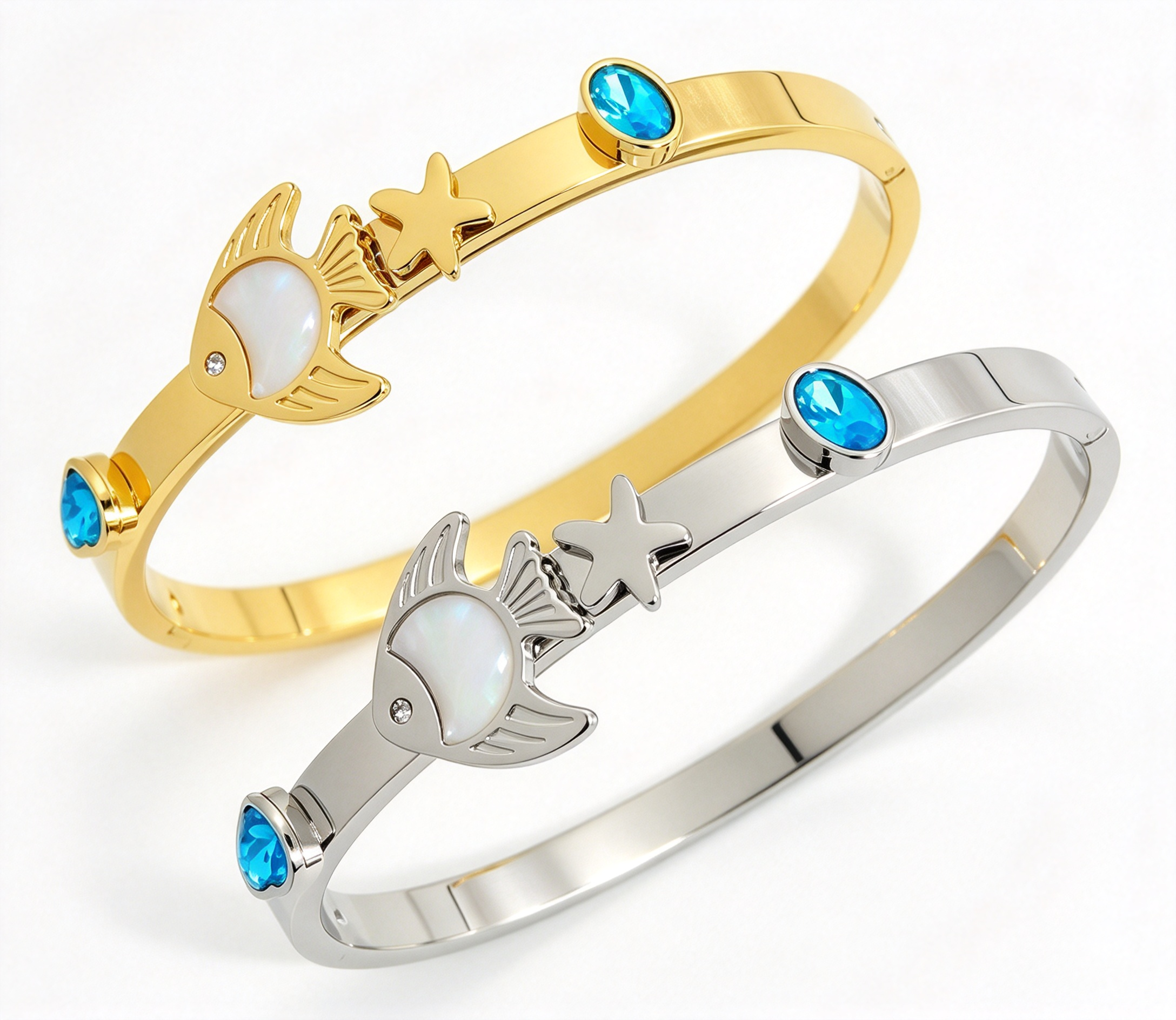 304 stainless steel ocean series fish star blue zircon spring cuff bangle gold wholesale bracelet