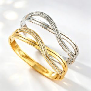 SZ-8886 stainless steel infinity twisted CZ spring bangle bracelet gold and steel tone