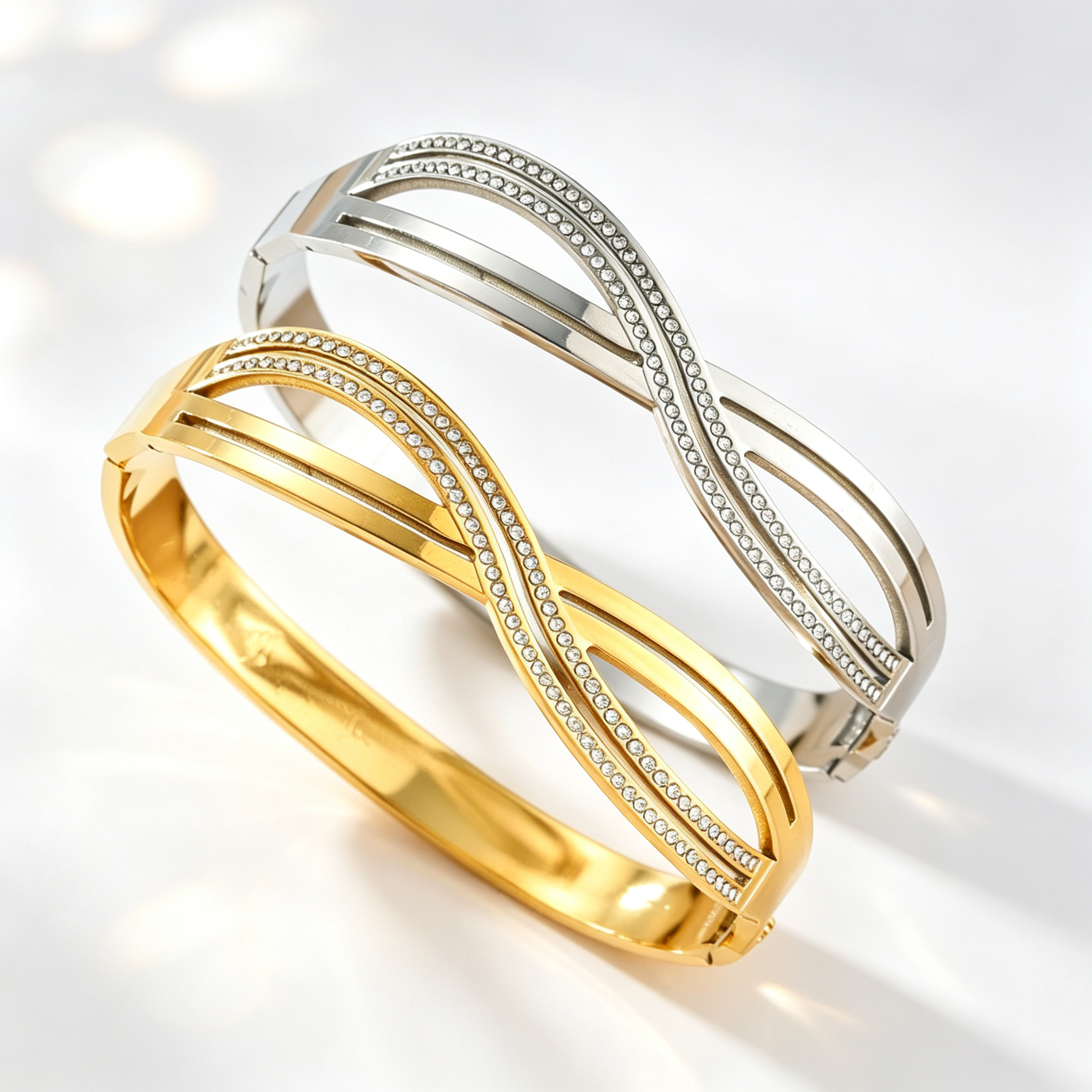 SZ-8886 stainless steel infinity twisted CZ spring bangle bracelet gold and steel tone
