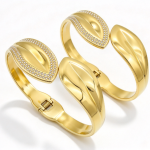 304 stainless steel leaf zircon spring cuff bangle gold wholesale bracelet