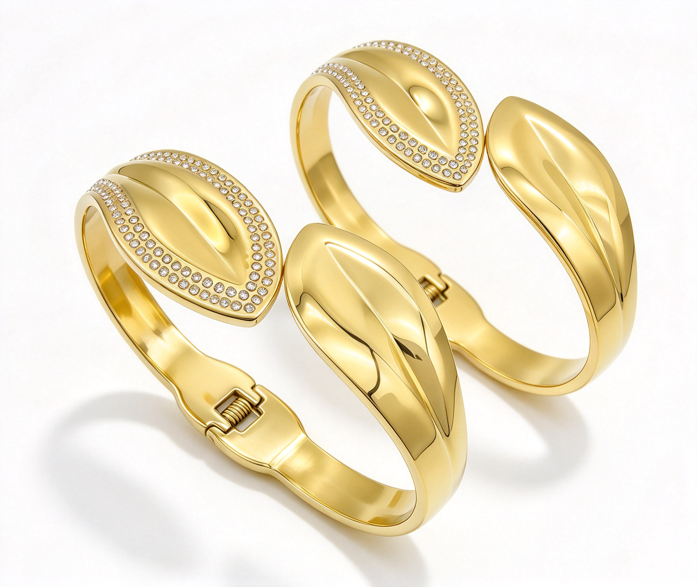 304 stainless steel leaf zircon spring cuff bangle gold wholesale bracelet