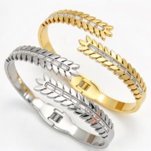 304 stainless steel wheat leaf zircon spring cuff bangle gold wholesale bracelet