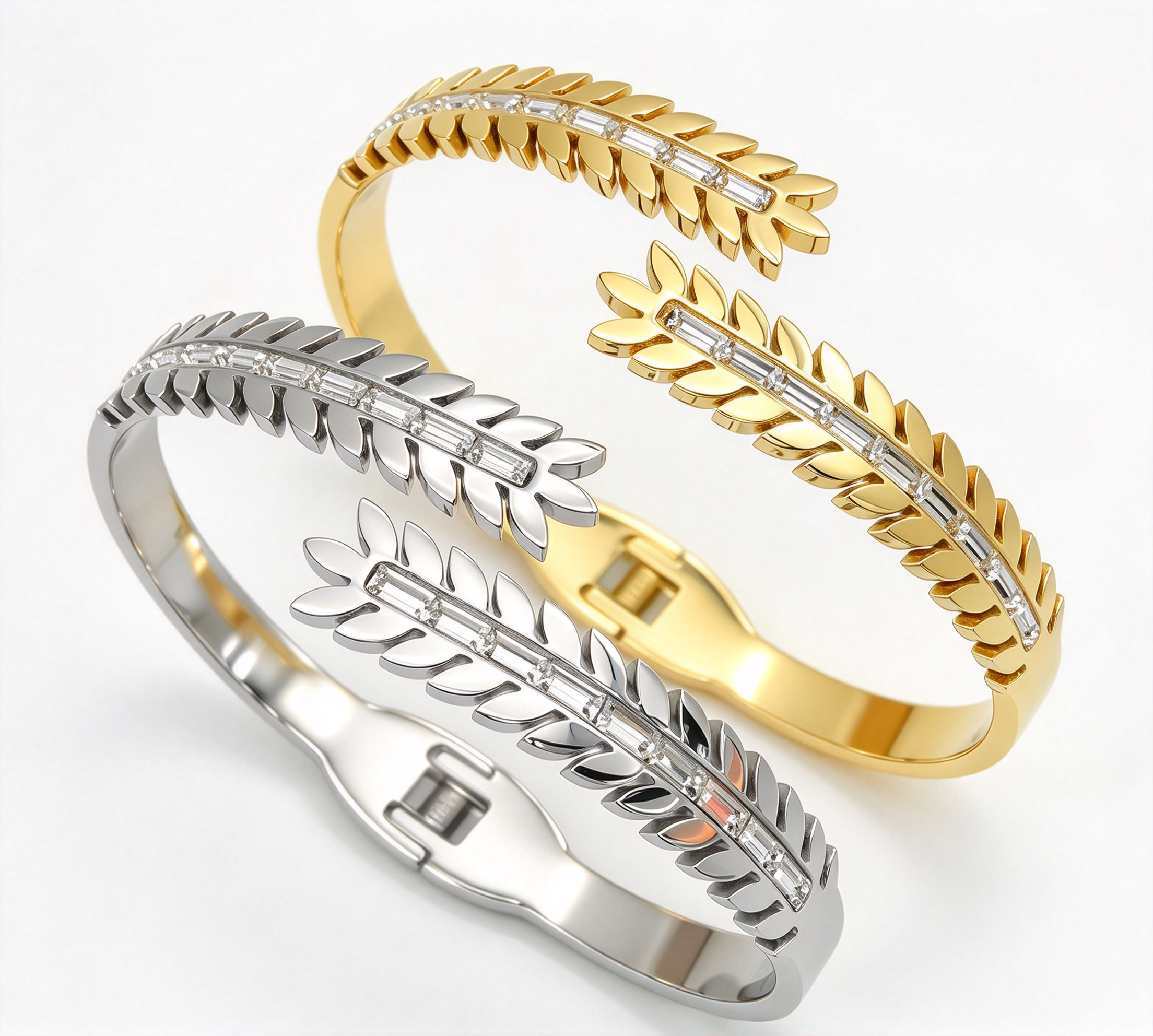 304 stainless steel wheat leaf zircon spring cuff bangle gold wholesale bracelet