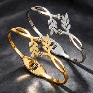 Alt Text:SZ-9072 Gold Leaf Zircon 304 Stainless Steel Bangle Bracelet