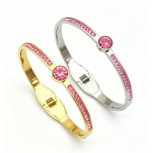 304 stainless steel thin pink zircon spring cuff bangle gold wholesale bracelet