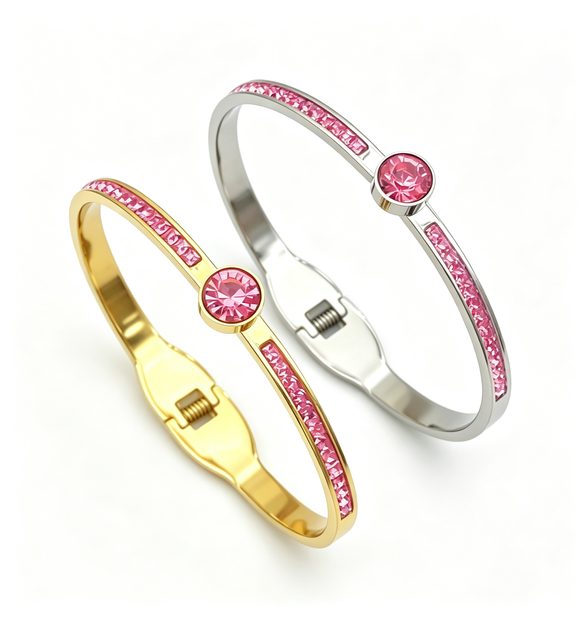 304 stainless steel thin pink zircon spring cuff bangle gold wholesale bracelet