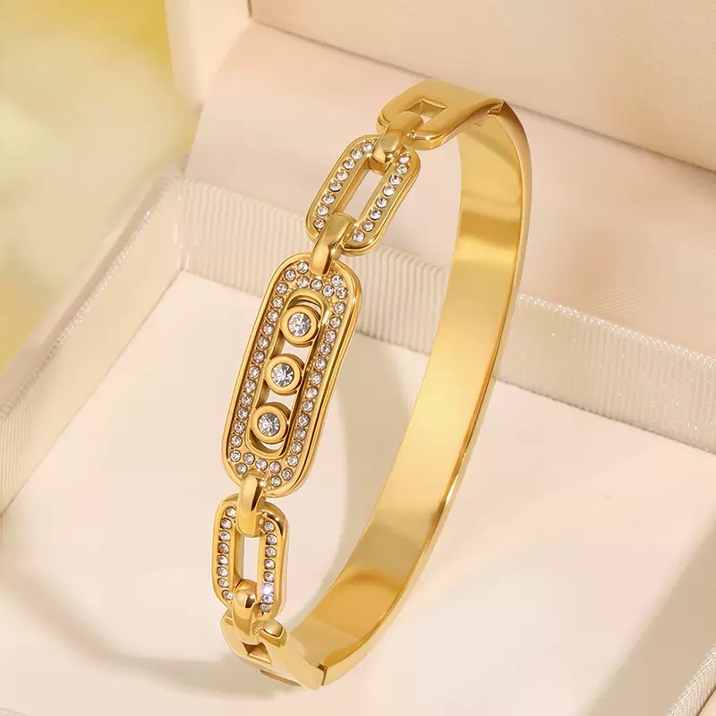 304 Stainless Steel Paved Zircon Geometric Bangle Bracelet For Women - Image 3