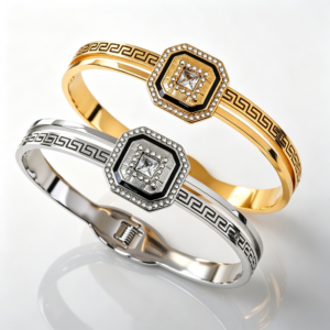 SZ-8332 304 stainless steel Greek key square CZ bangle bracelet gold and steel tone