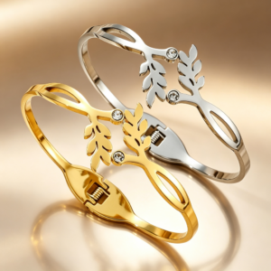 Alt Text：SZ-9072 Gold Leaf Zircon 304 Stainless Steel Bangle Bracelet